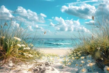 Serene Beach View Framed by Lush Grass and Wildflowers