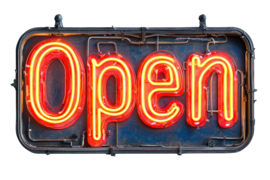 A glowing neon sign displaying the word "Open" in bright orange and yellow colors, indicating availability. - Powered by Adobe