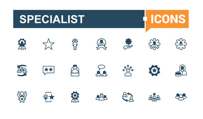 Specialist line web icon set. Featuring service, consultant, development, specific, mastery, life events, help, expertise. Minimalistic web and UI icons. Editable vector outline and solid icons.