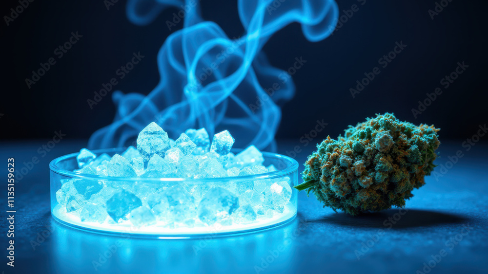 Poster a laboratory setting with a flask containing crystallized thc-a alongside marijuana buds emitting sm