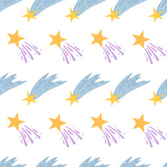Shooting star seamless pattern. Background for kids, falling star, make a wish, night sky theme for nursery. Vector design