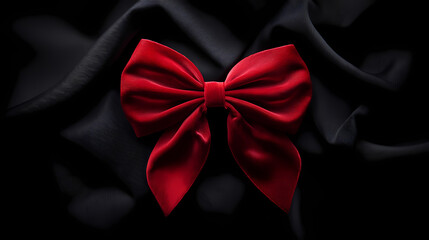 A striking red velvet bow is centered on a dark black background, creating a dramatic and luxurious composition. Velvet. Illustration