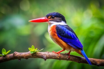 Obraz premium Striking Black-Capped Kingfisher Perched on a Branch in Lush Greenery, Captured with the Rule of Thirds for Stunning Composition and Vibrant Colors in Nature Photography