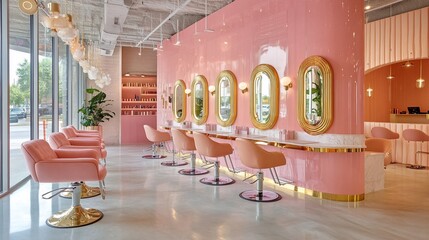 Pink salon interior with gold accents and stylish chairs.