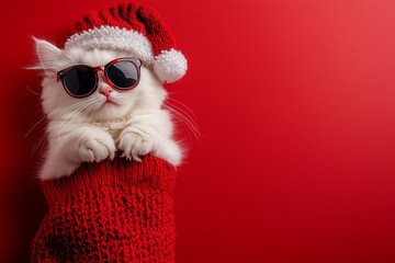 santa claus cat with red hat and antlers against red background