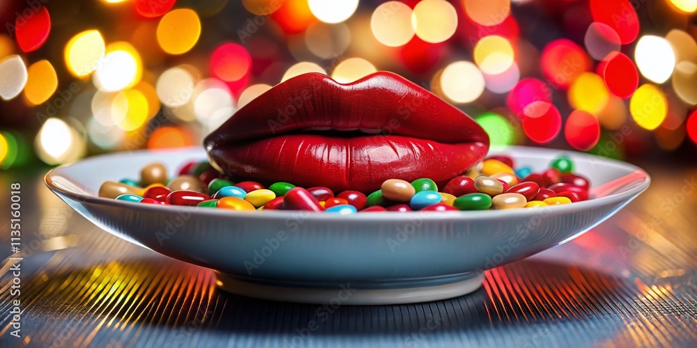 Poster Striking Concept Art of Red Lips Paired with Colorful Capsules on a Plate Highlighted by a Bokeh Effect for a Unique Artistic Representation