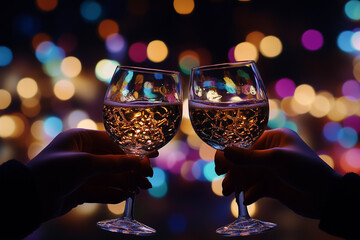 two glasses of champagne cheers on new years eve in front of bokeh colourful party lights 