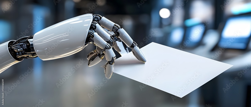 Poster a close-up of a robotic hand holding a blank sheet of paper, symbolizing the intersection of artific