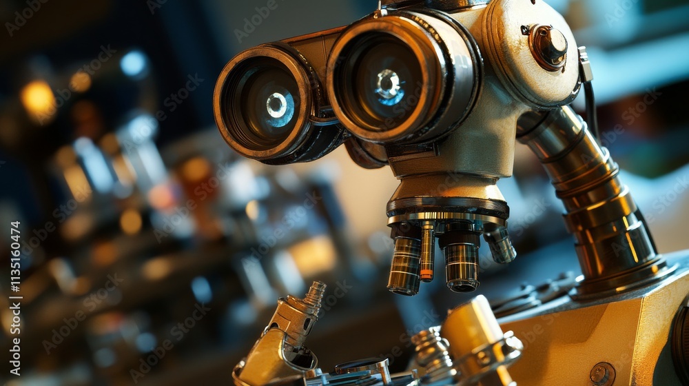 Poster a humanoid robot equipped with large, expressive eyes analyzes a microscope in a research lab. the i