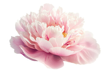 A soft pink peony flower showcasing multiple layers of delicate petals with a central yellow stamen.