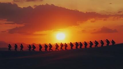 Silhouetted Soldiers Marching at Sunset