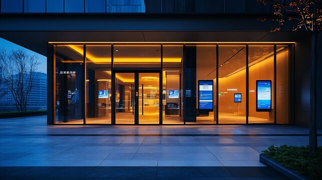 Modern building entrance at night, illuminated glass storefront with digital displays.