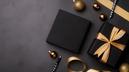 Naklejka premium New years decor and party glamorous, A stylish arrangement of black gift boxes, gold ornaments, and ribbons on a dark surface, perfect for festive celebrations.