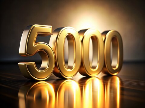 Stunning 3D Golden Number 5000 on a Glossy Surface Captured in High-Resolution for Celebratory Events, Milestones, and Special Occasions, Perfect for Marketing and Advertising Purposes