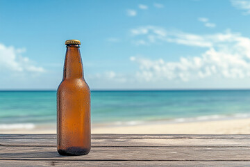 "Chilled Beer in Glass Bottle on Wooden Table by the Beach with Clear Blue Sky and Sea"
