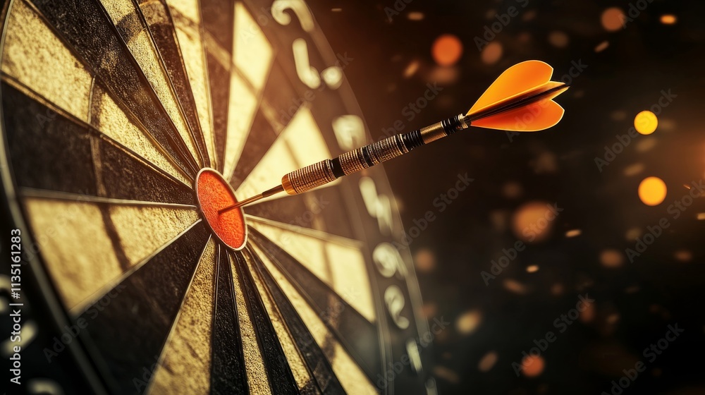 Poster a well-composed image of a dart striking the bullseye on a dartboard, with glowing warm light enhanc