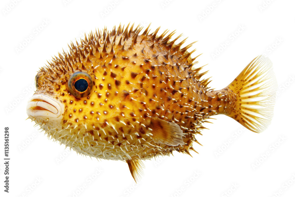 Poster a spiky, yellow fish with a rounded body and distinctive patterns, showcasing its unique appearance 