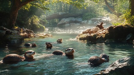 Fototapeta premium Playful otters in river with shimmering sunlight on water