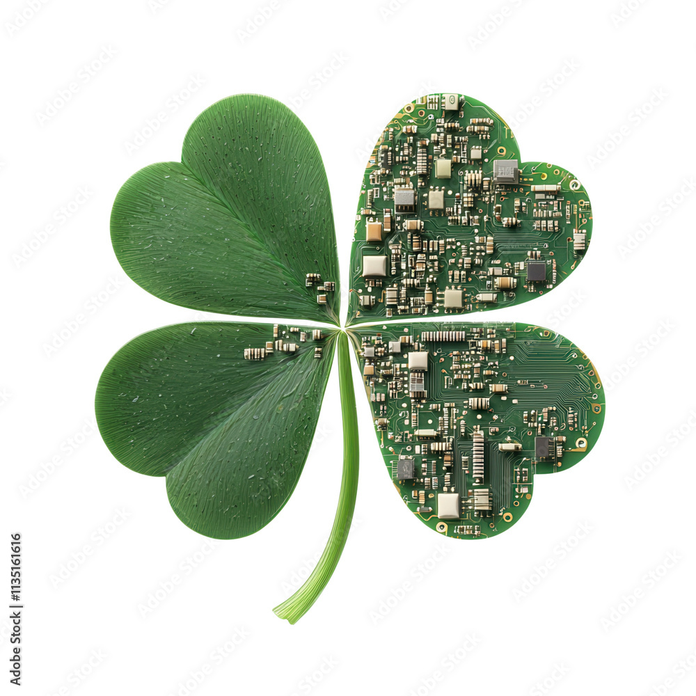 Poster a green four-leaf clover featuring a detailed circuit board design, merging nature with technology i
