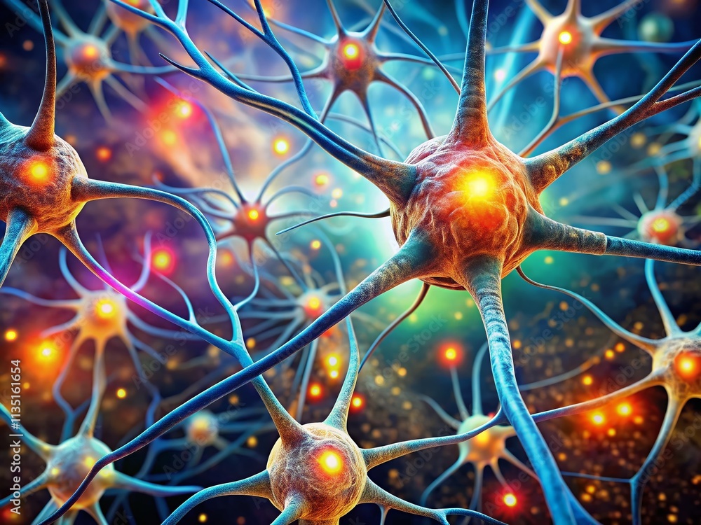 Poster stunning 3d rendering of glowing neuron cells in the human brain with bokeh effect for scientific vi