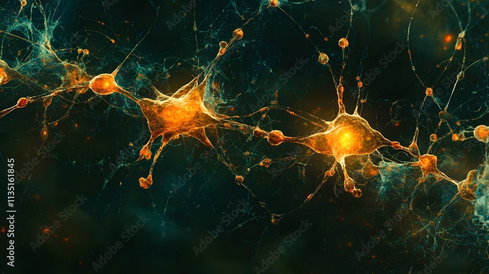 Poster a detailed close-up image of neurons showcasing the intricate connections and vibrant colors of neur