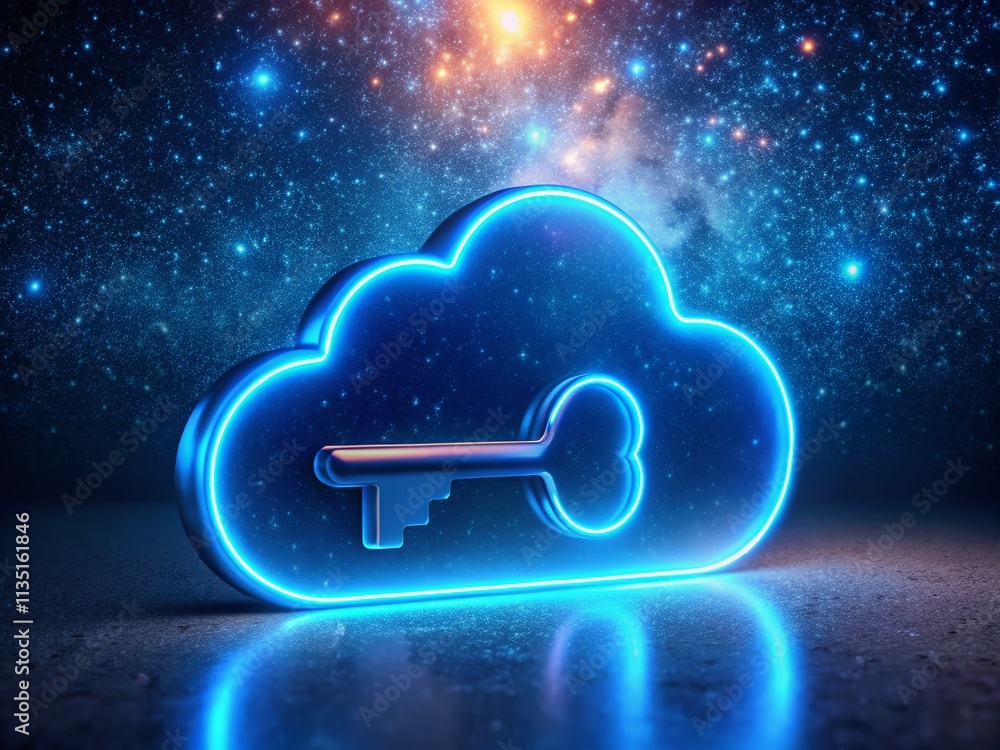 Poster stunning 3d render of a blue cloud with a key symbolizing security and access in a night photography