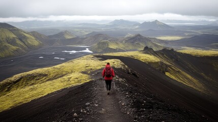A person hiking on a rugged trail with expansive mountain views, symbolizing freedom.