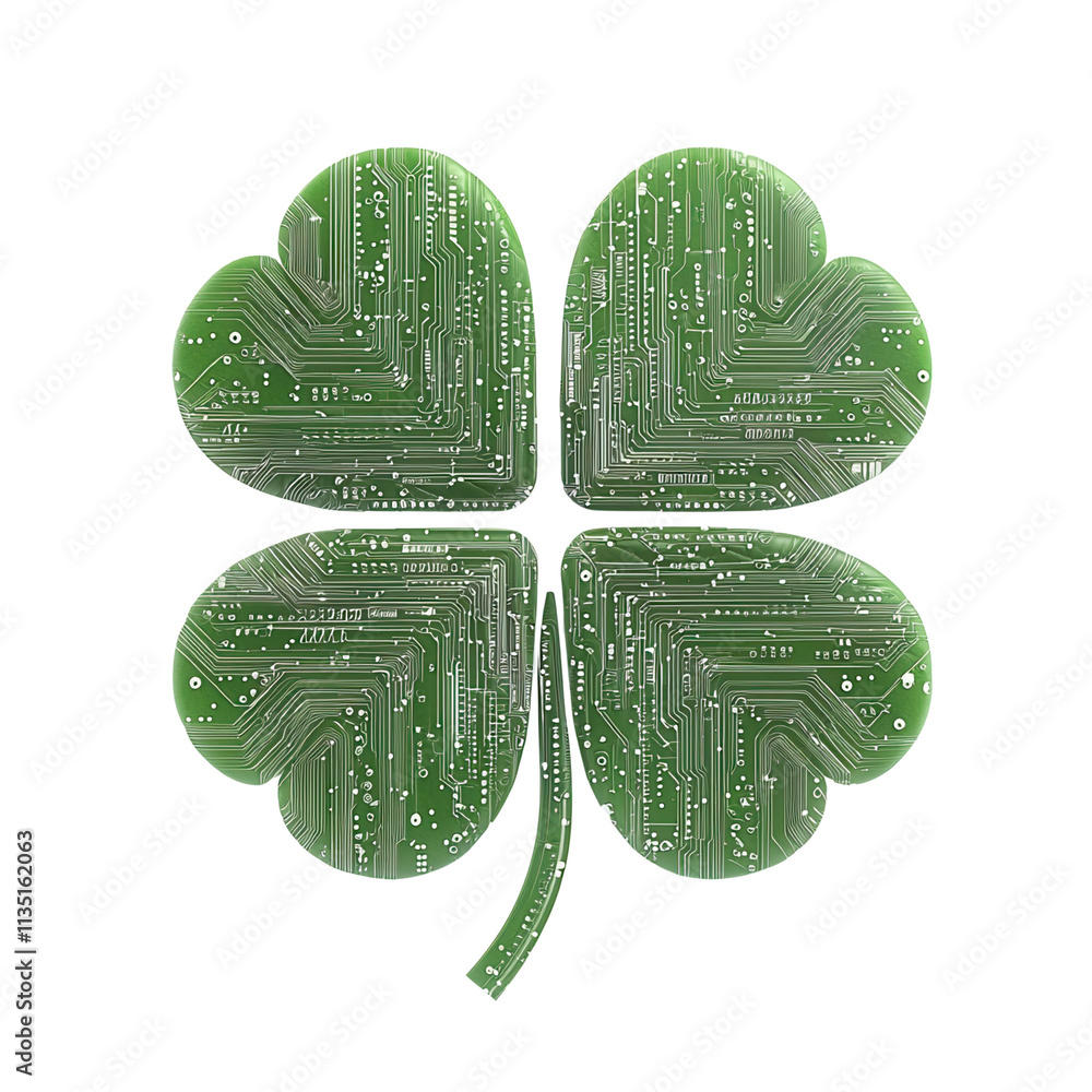 Poster a digital illustration of a four-leaf clover designed with circuit board patterns, symbolizing luck 