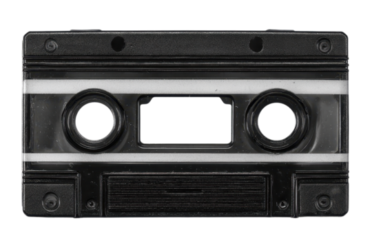 A vintage audio cassette tape featuring two circular reels and a blank label area for recording or labeling.