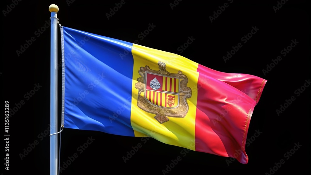 Poster stunning 4k 3d render of waving andorran flag symbolizing national pride, isolated on a clean backgr