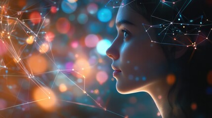 Social Media Internet Concept: Caucasian Woman Browsing Network of Websites, Online Games, Communities And Viral Videos. Animated Visualization Of Digital Interface Stream With Entertaining Content.