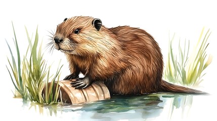 Realistic Illustration of a Beaver Surrounded by Lush Green Grass Next to a Trunk in Calm Waters, Showcasing the Beauty of Nature and Wildlife in Detailed Artwork