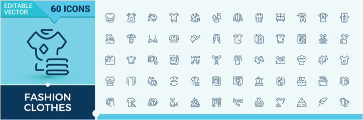 Fashion Clothes line icons set. Containing sneakers, winter, garment, leather, tshirt, fashion, clothing and more. Pixel perfect. Editable vector stroke. © Rubbble