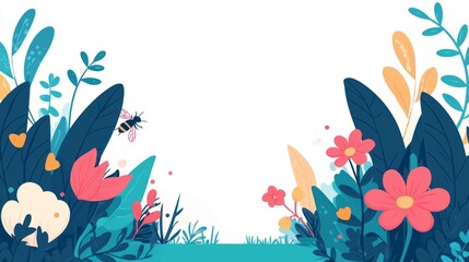 Fototapeta premium A colorful illustration of flowers and plants with a bee, ideal for backgrounds.