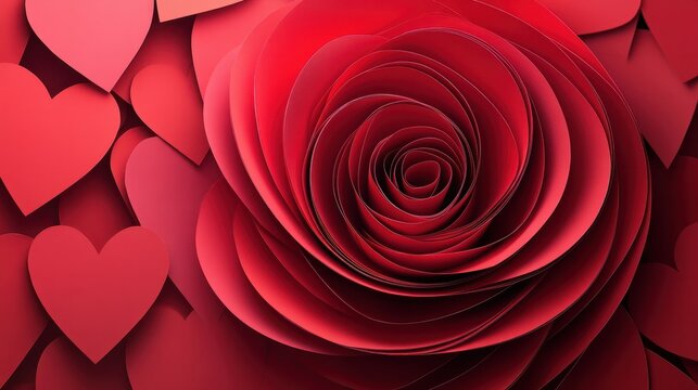 Spiral arrangement of red paper hearts forming a rose for romantic decor concept - Powered by Adobe