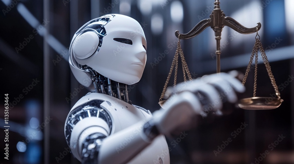 Poster a humanoid robot holding the scales of justice in a sleek, futuristic environment, symbolizing ai an