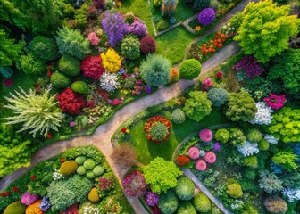 Fototapeta premium Stunning Aerial View of a Vibrant Garden Filled with Watercolor-Style Floral Illustrations, Perfect for Botanical Art, Home Decor, and Nature-Inspired Themes