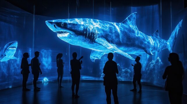 surreal experience of immersive art exhibit with. people interacting with larger-than-life neon blue projections and sculptures of translucent sharks
