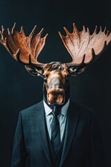 Majestic portrait of a moose with large antlers. in a business suit. on an isolated bage background