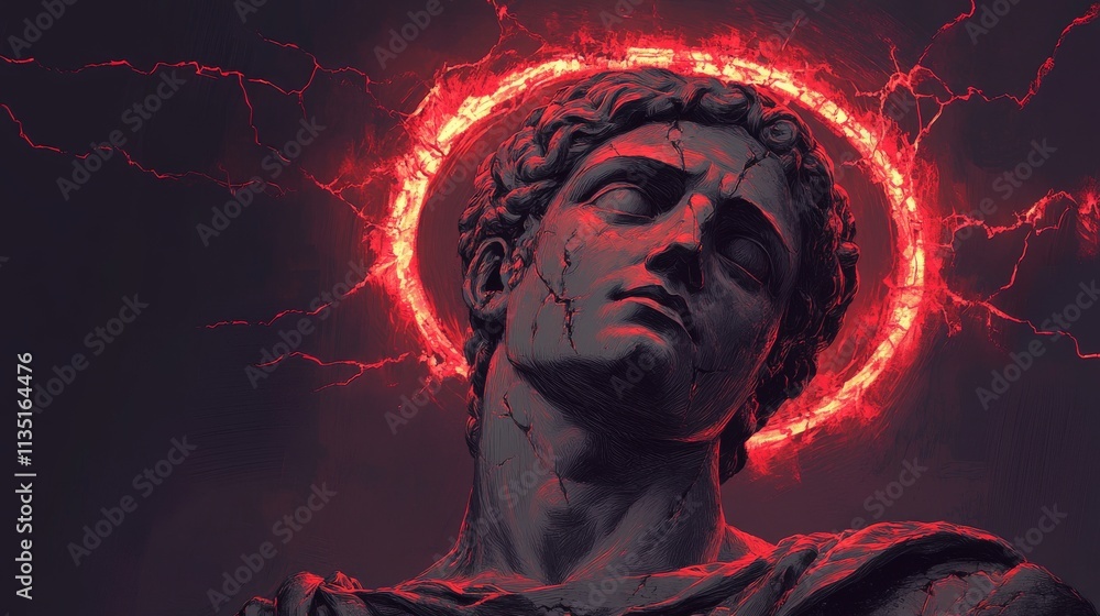 Poster a close-up digital depiction of a classical statue with a glowing red halo and visible cracks. the d