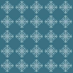 Vector Christmas seamless pattern of blue snowflake. Hand-drawn vintage holiday composition isolated on blue background. Illustration for design, print, fabric or background.