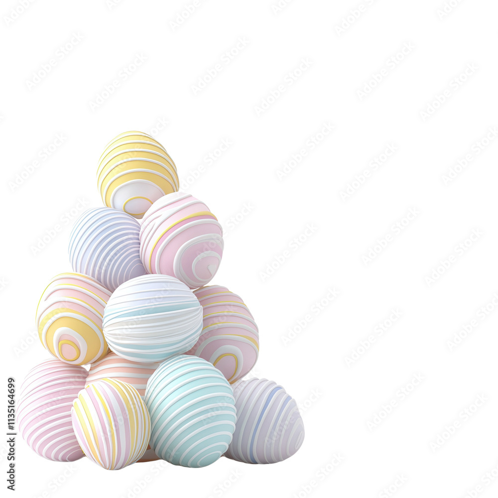 Poster a colorful arrangement of striped decorative eggs in pastel shades, stacked to create a visually app