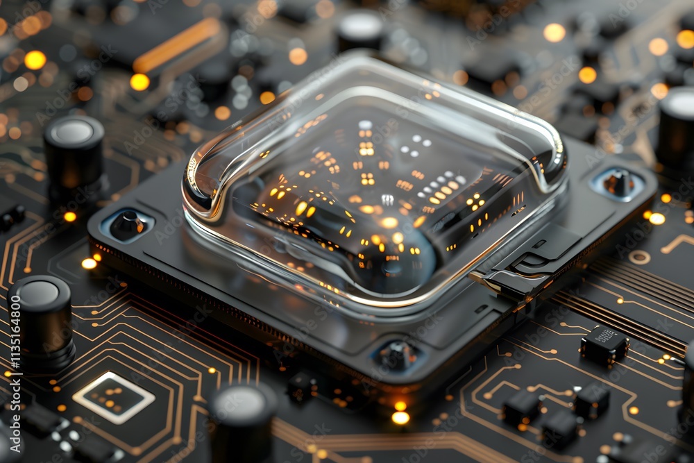 Poster close-up of a high-tech microchip on a circuit board