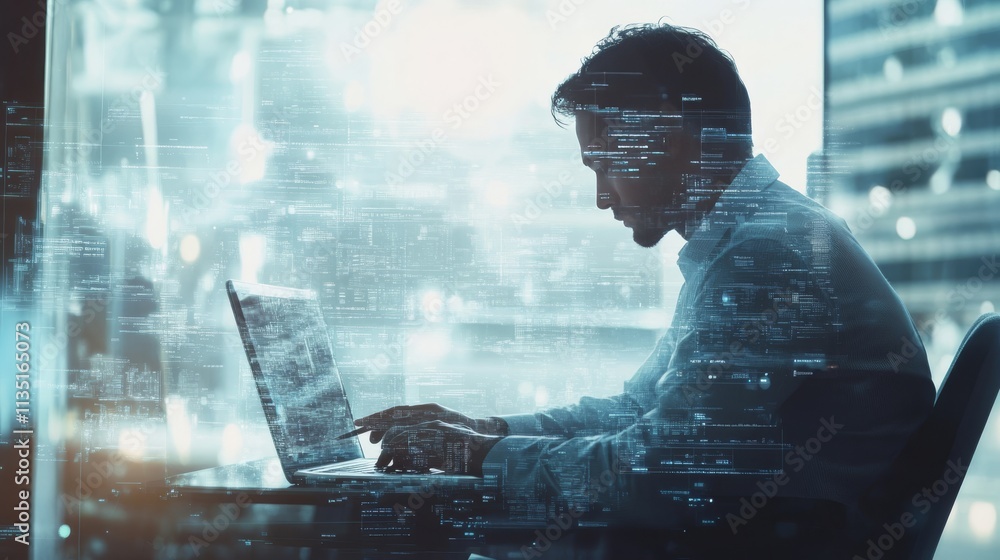 Poster a professional man works on his laptop in a modern office setting, surrounded by a digital overlay r
