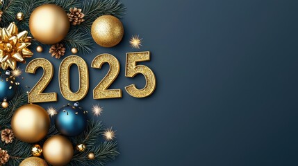 New years decor and party glamorous, A festive arrangement featuring the year "2025" with gold and blue ornaments, pine branches, and decorative elements against a dark background.
