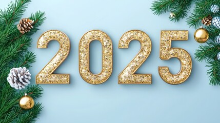 New years decor and party glamorous, A festive design featuring the year "2025" in gold, surrounded by pine branches, pinecones, and ornaments, perfect for New Year celebrations.