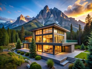 Fototapeta premium Stunning Architectural Photography of a Modern House Nestled in Majestic Mountains Surrounded by Lush Greenery, Capturing Nature's Beauty and Contemporary Design Harmony