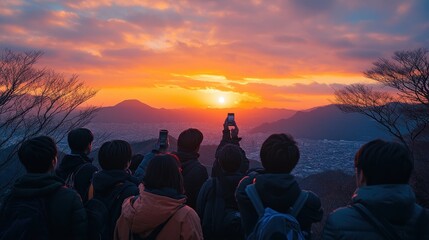 Capturing Sunset Moments with Friends on a Mountain