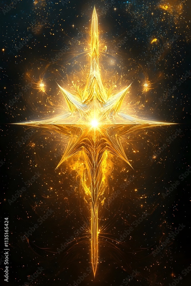Poster a radiant golden star surrounded by shimmering cosmic elements, creating a mystical and ethereal atm