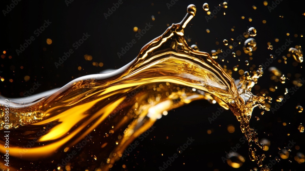Poster dynamic close-up of a golden liquid splash in motion with droplets suspended in the air against a da